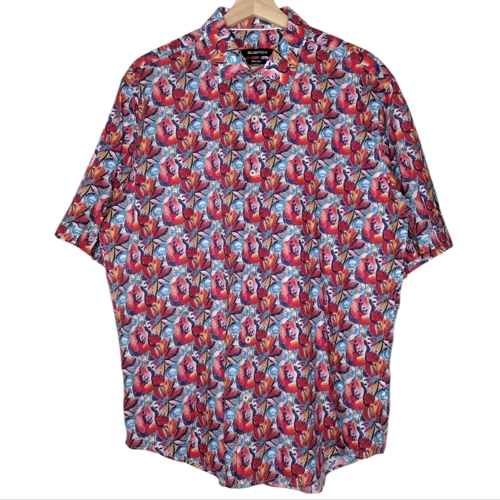Bugatchi Cerise Red Floral Classic Fit Short Sleeve Button-Down Shirt Sz L